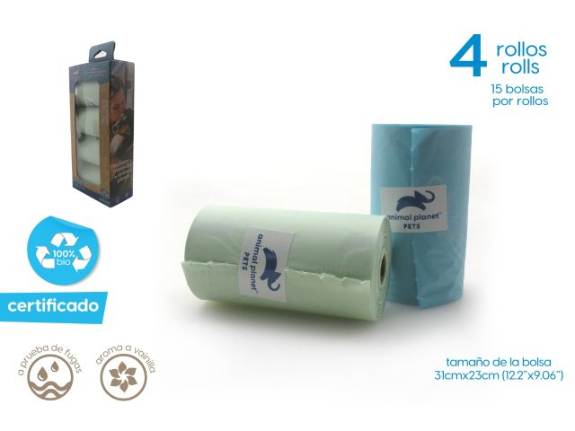 Bolsitas para desperdicio 100% biodegradable 4 rollos/ 15 bo x rollo